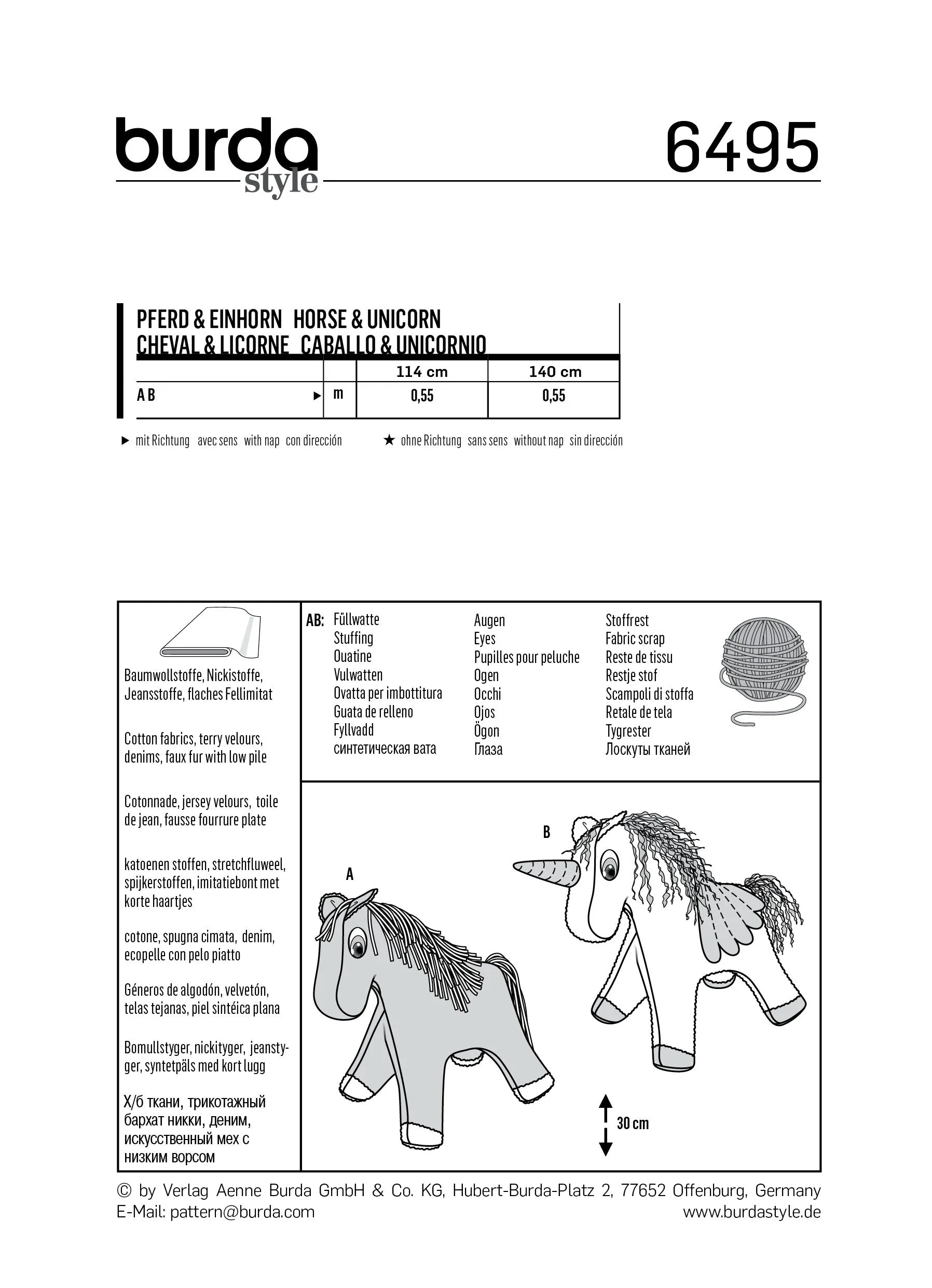 Burda 6495 Stuffed Animal sewing pattern Horse and Unicorn
