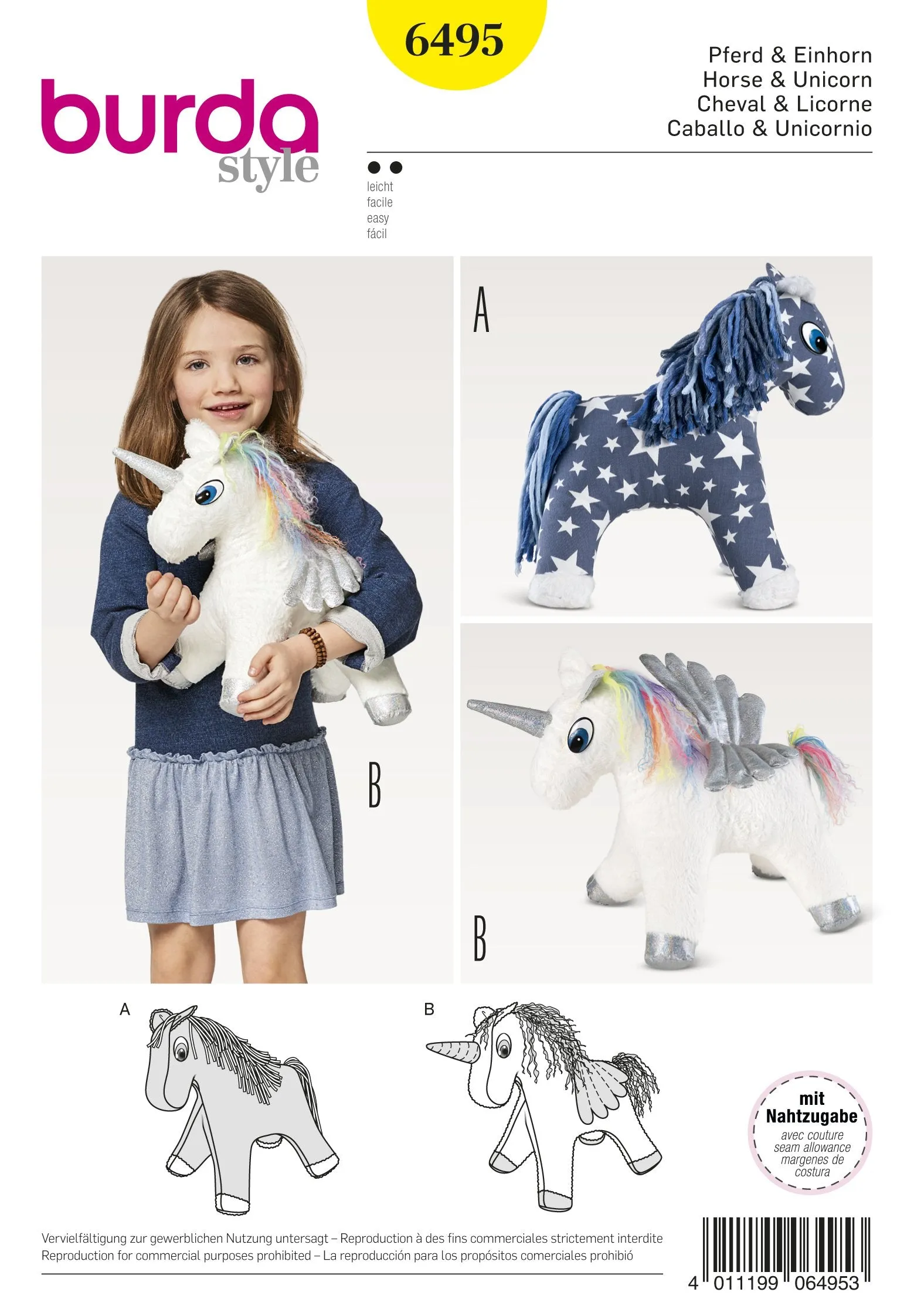 Burda 6495 Stuffed Animal sewing pattern Horse and Unicorn
