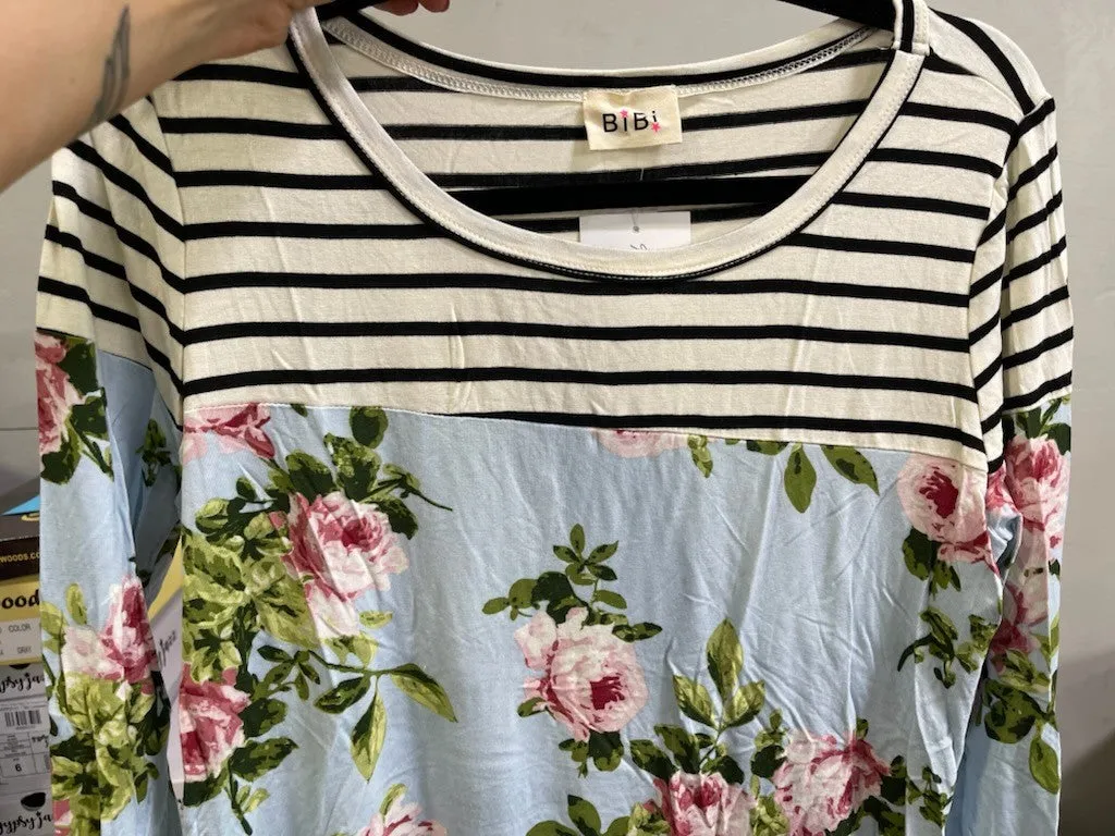 DEFECT- Striped & Blue Floral Long Sleeve - MEDIUM