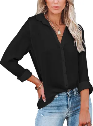 Diosun Womens Button Down V Neck Shirts Long/Short Sleeve Office Casual Business Plain Blouses Tops