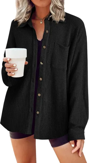 HOTOUCH Waffle Knit Button Down Shirts for Women Dressy Casual Work Tops Long Sleeve Loose Fit Shacket with Pocket