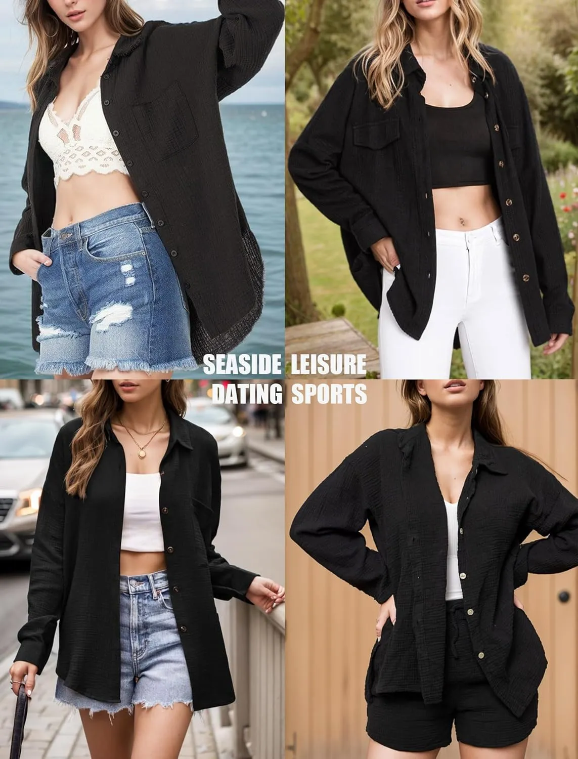 HOTOUCH Waffle Knit Button Down Shirts for Women Dressy Casual Work Tops Long Sleeve Loose Fit Shacket with Pocket