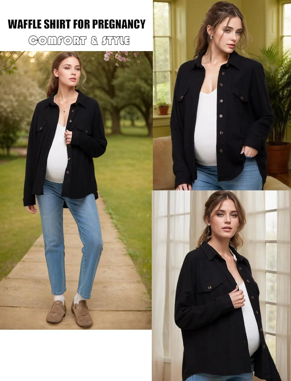 HOTOUCH Waffle Knit Button Down Shirts for Women Dressy Casual Work Tops Long Sleeve Loose Fit Shacket with Pocket