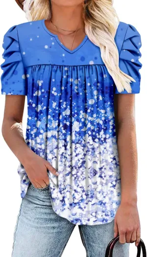 KISSMODA Tops for Womens Summer Cute Short Sleeve Shirts Trendy Notched Neck Blouses Casual Loose Pleated Tunics S-3Xl