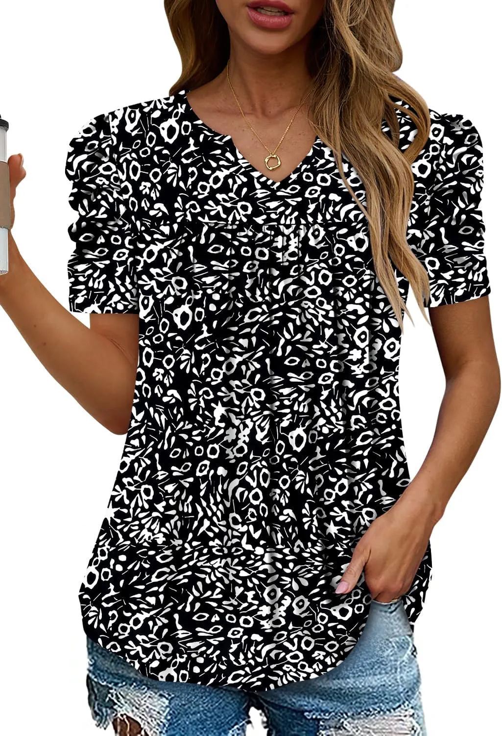KISSMODA Tops for Womens Summer Cute Short Sleeve Shirts Trendy Notched Neck Blouses Casual Loose Pleated Tunics S-3Xl