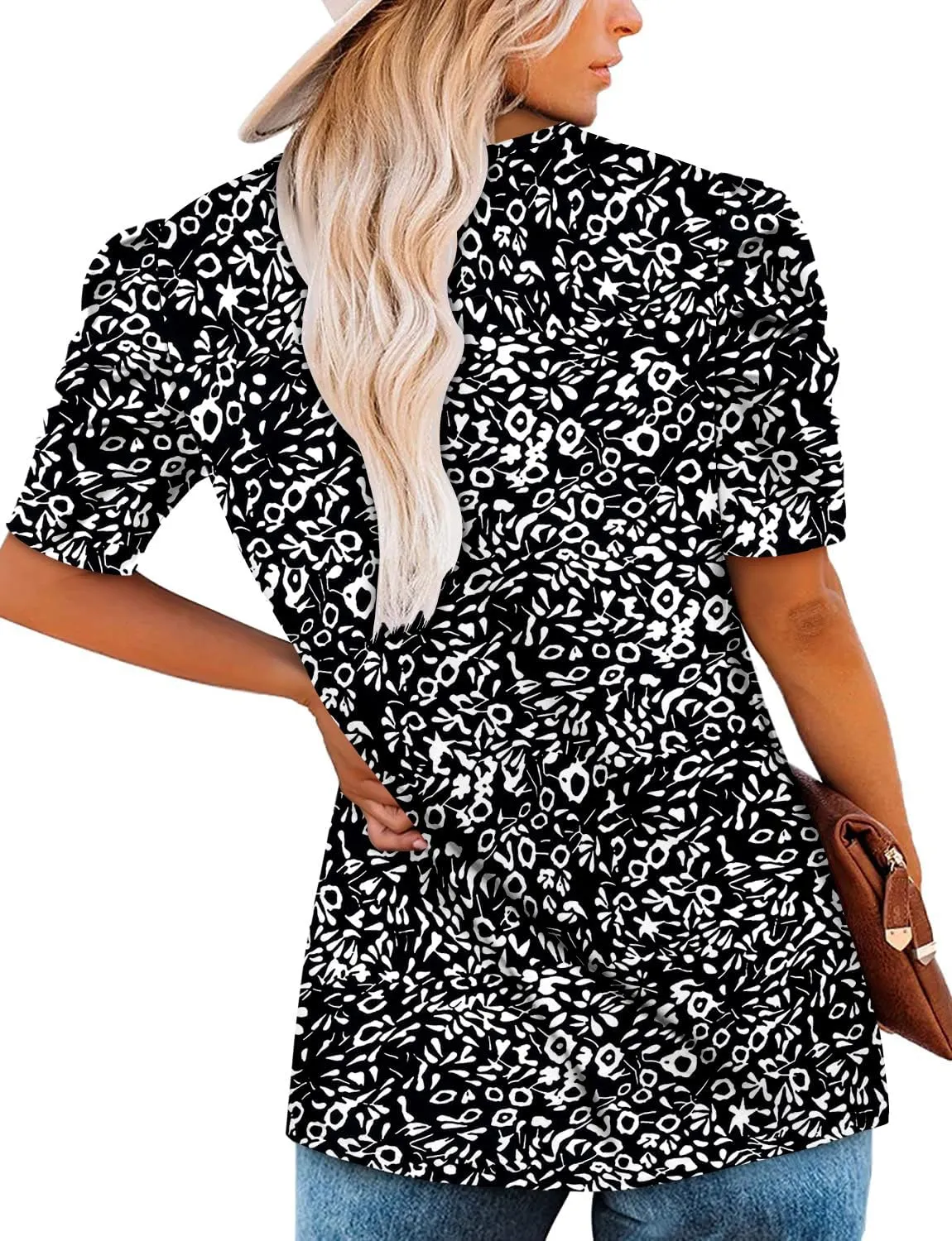KISSMODA Tops for Womens Summer Cute Short Sleeve Shirts Trendy Notched Neck Blouses Casual Loose Pleated Tunics S-3Xl