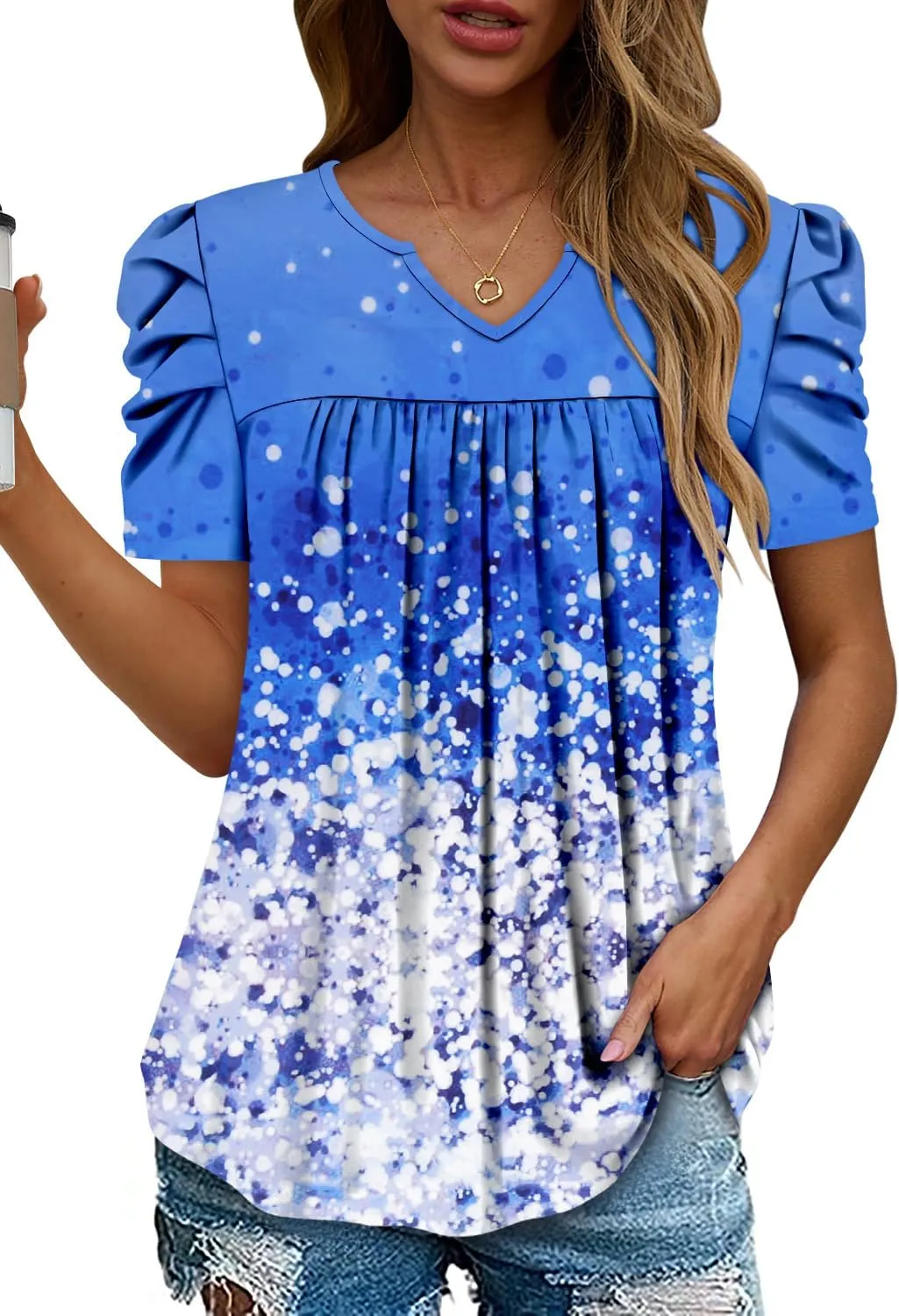 KISSMODA Tops for Womens Summer Cute Short Sleeve Shirts Trendy Notched Neck Blouses Casual Loose Pleated Tunics S-3Xl