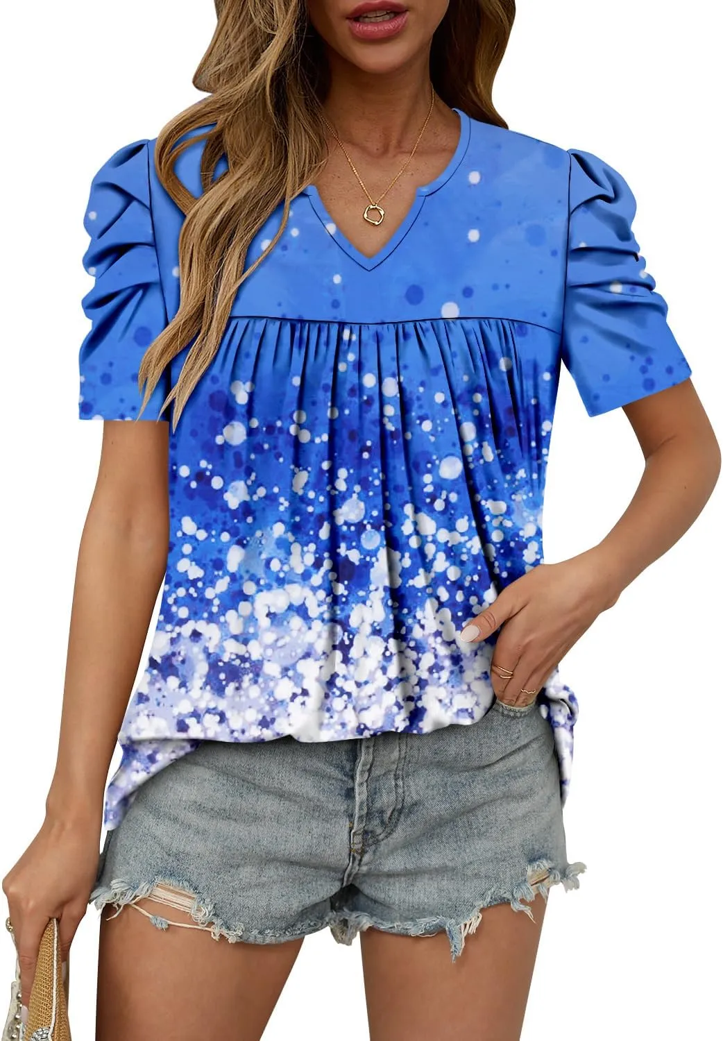 KISSMODA Tops for Womens Summer Cute Short Sleeve Shirts Trendy Notched Neck Blouses Casual Loose Pleated Tunics S-3Xl
