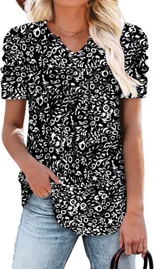 KISSMODA Tops for Womens Summer Cute Short Sleeve Shirts Trendy Notched Neck Blouses Casual Loose Pleated Tunics S-3Xl