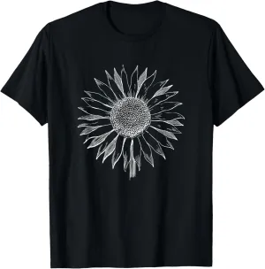Nature Hand-Drawn Sunflower Minimalist Floral Art Sunflower T-Shirt
