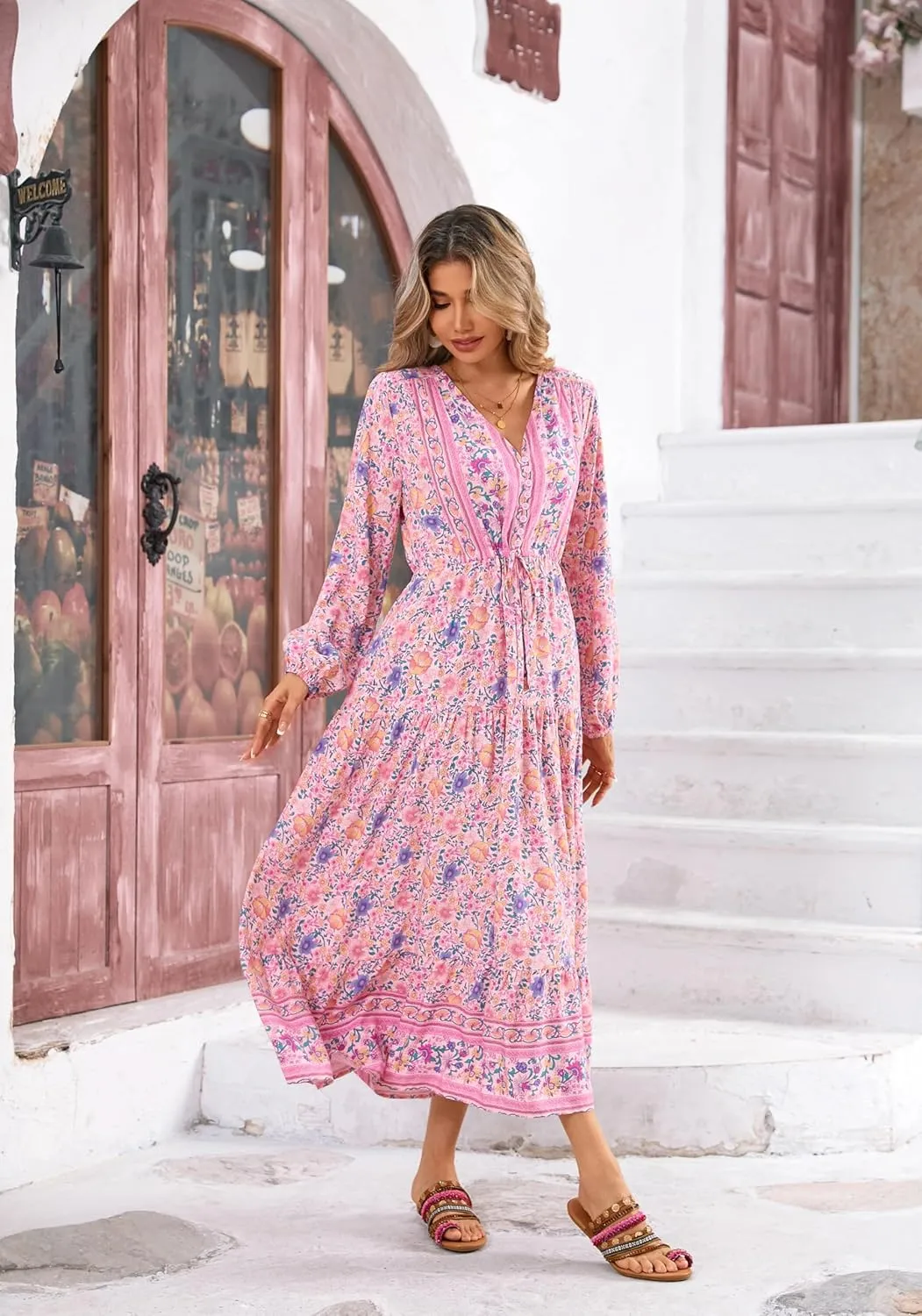 R.Vivimos Women's Long Sleeve Cotton V-Neck Button Up Floral Print Boho Flowy Midi Dresses
