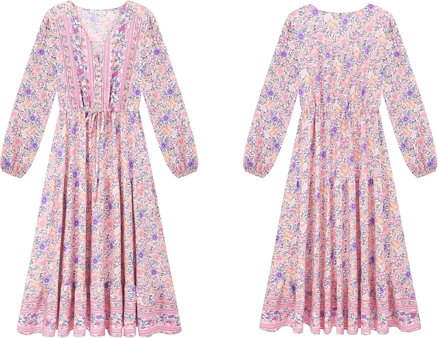 R.Vivimos Women's Long Sleeve Cotton V-Neck Button Up Floral Print Boho Flowy Midi Dresses