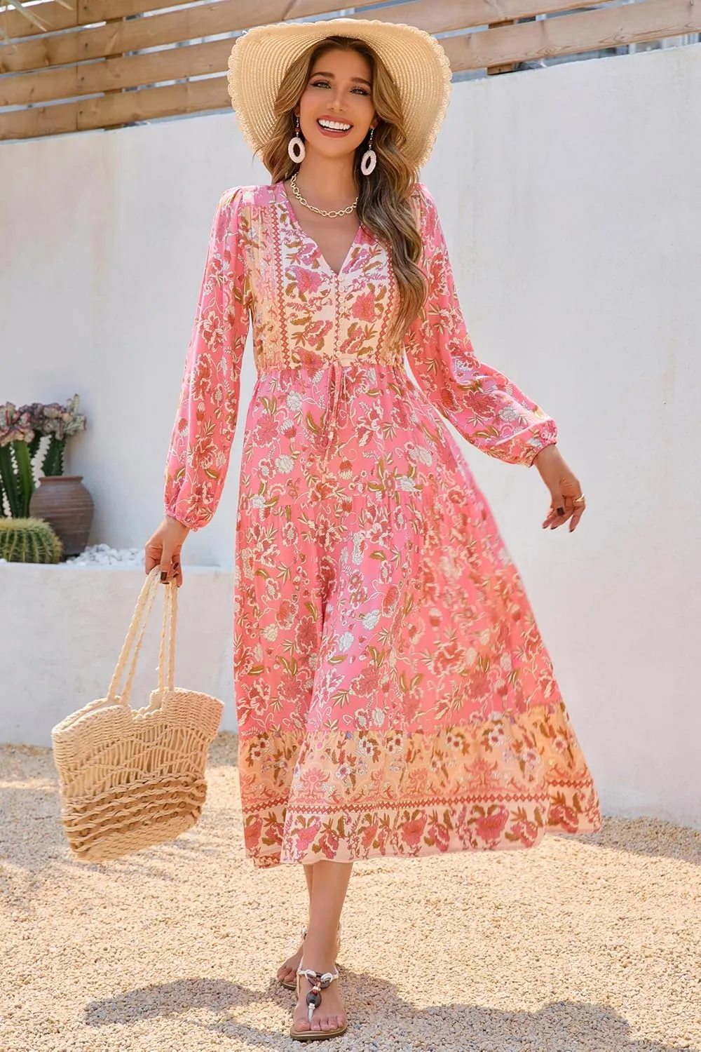 R.Vivimos Women's Long Sleeve Cotton V-Neck Button Up Floral Print Boho Flowy Midi Dresses