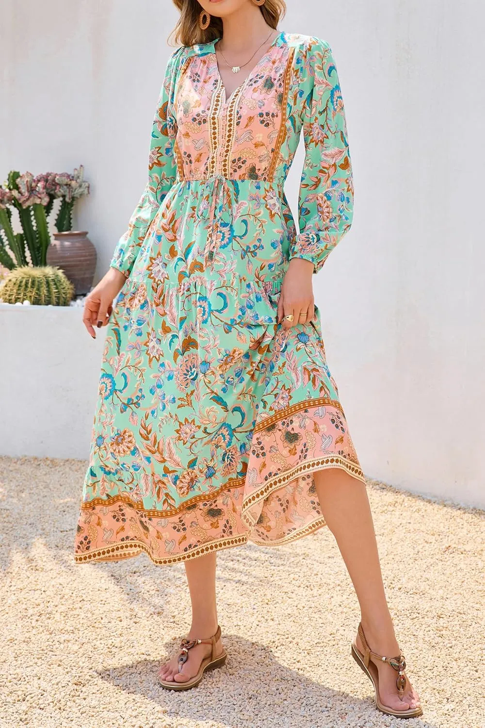 R.Vivimos Women's Long Sleeve Cotton V-Neck Button Up Floral Print Boho Flowy Midi Dresses