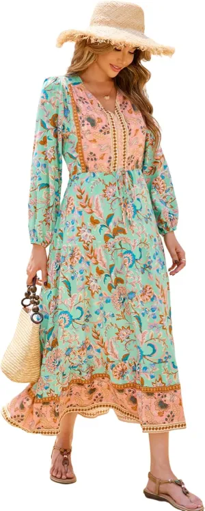 R.Vivimos Women's Long Sleeve Cotton V-Neck Button Up Floral Print Boho Flowy Midi Dresses
