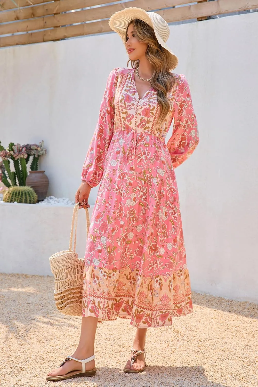R.Vivimos Women's Long Sleeve Cotton V-Neck Button Up Floral Print Boho Flowy Midi Dresses