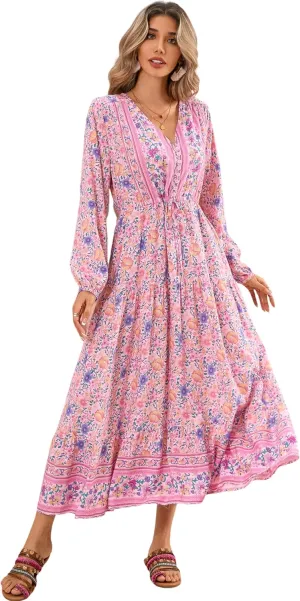 R.Vivimos Women's Long Sleeve Cotton V-Neck Button Up Floral Print Boho Flowy Midi Dresses