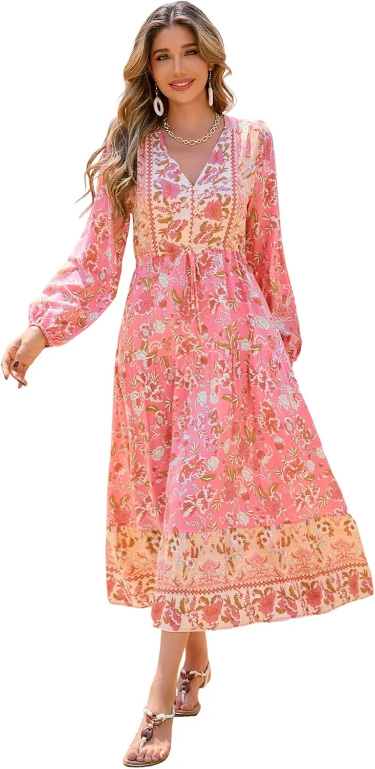 R.Vivimos Women's Long Sleeve Cotton V-Neck Button Up Floral Print Boho Flowy Midi Dresses