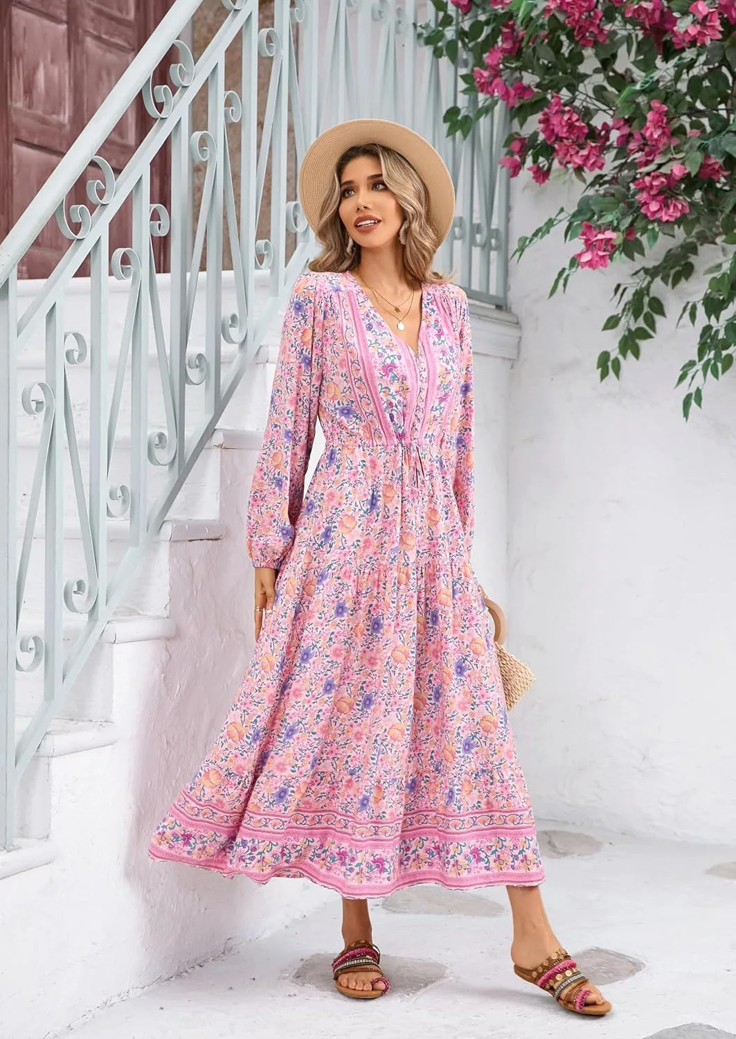 R.Vivimos Women's Long Sleeve Cotton V-Neck Button Up Floral Print Boho Flowy Midi Dresses