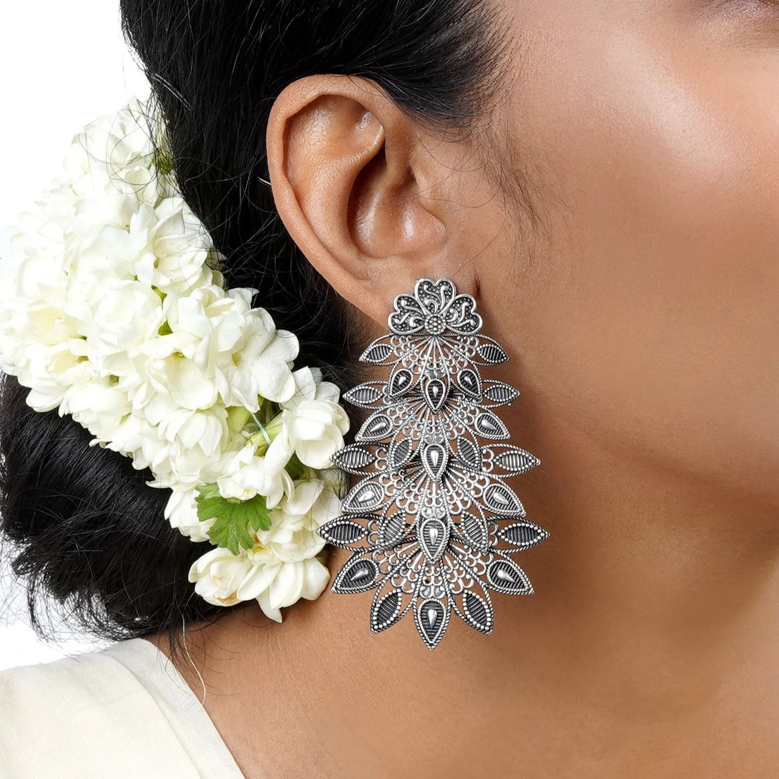 Teejh Abhinaya Silver Oxidised Floral Earrings