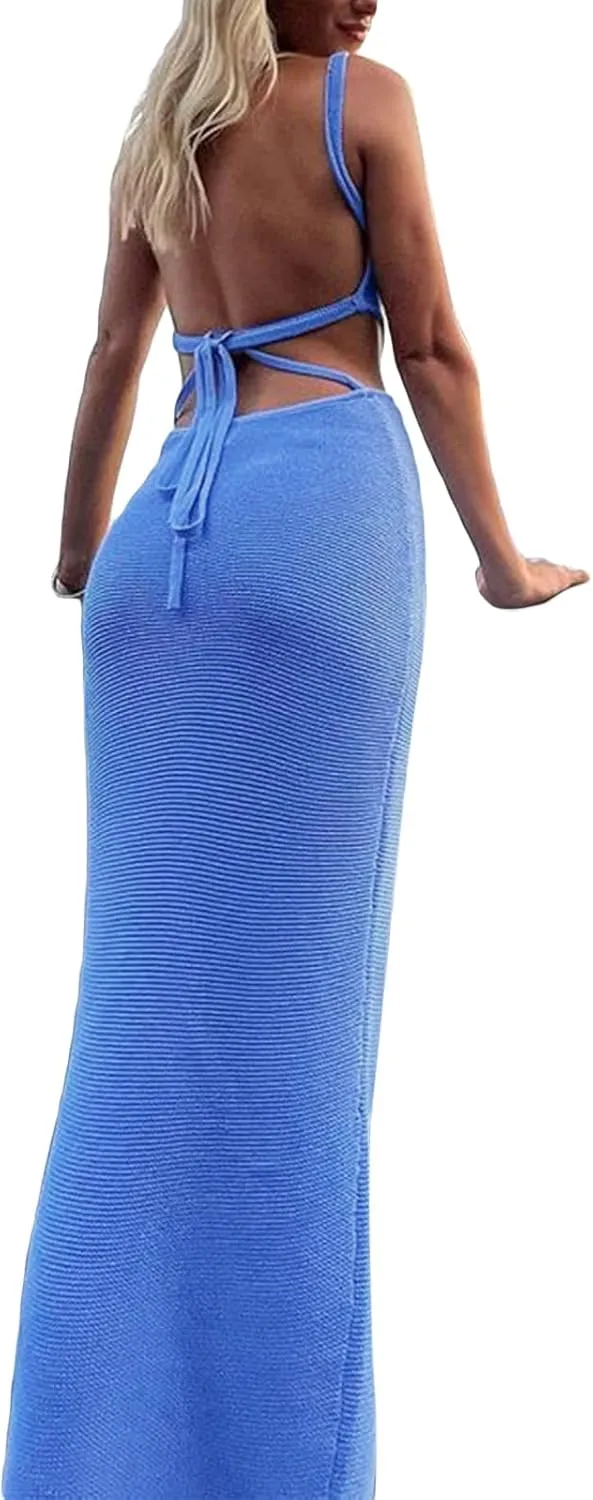 Women Sexy Backless Knit Bodycon Midi Dress
