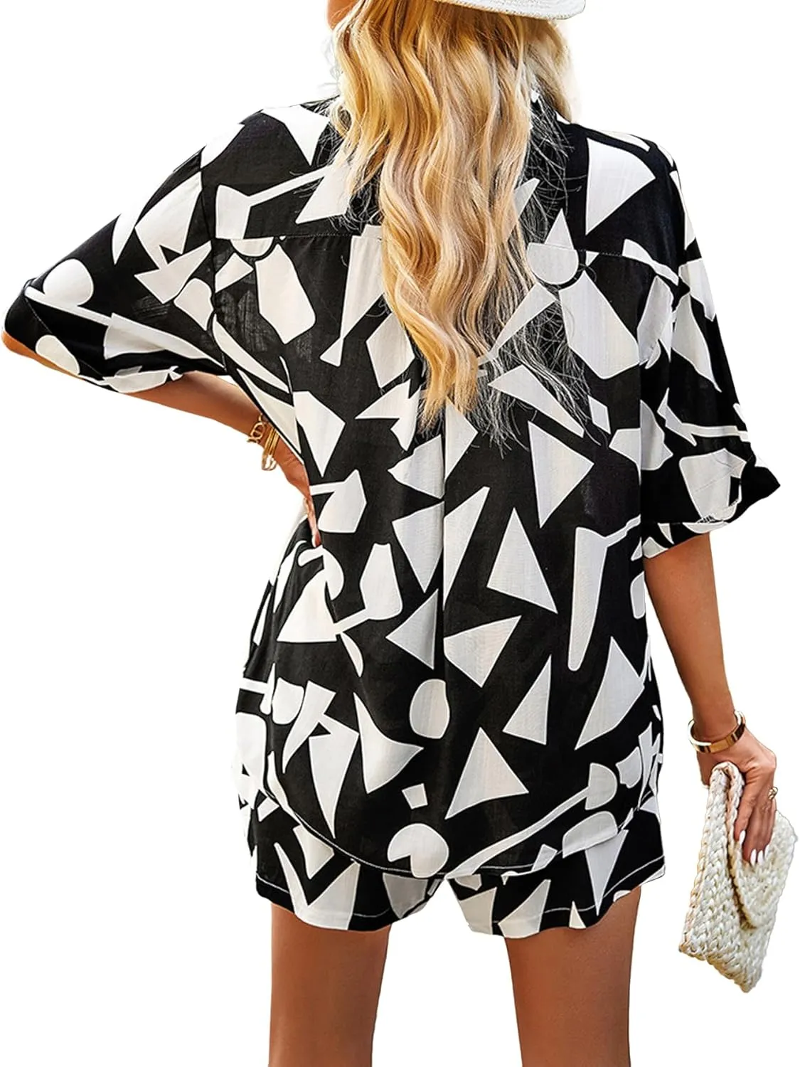 Women's 2 Piece Outfits Sets Summer Beach Button Down Short Sleeve Shirt and Shorts Set with Pockets