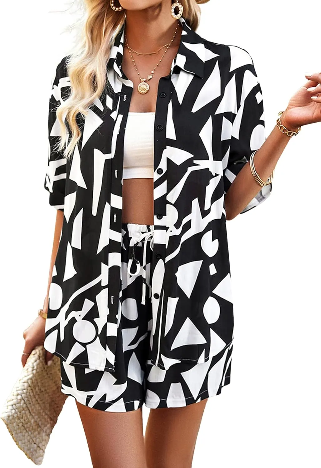 Women's 2 Piece Outfits Sets Summer Beach Button Down Short Sleeve Shirt and Shorts Set with Pockets