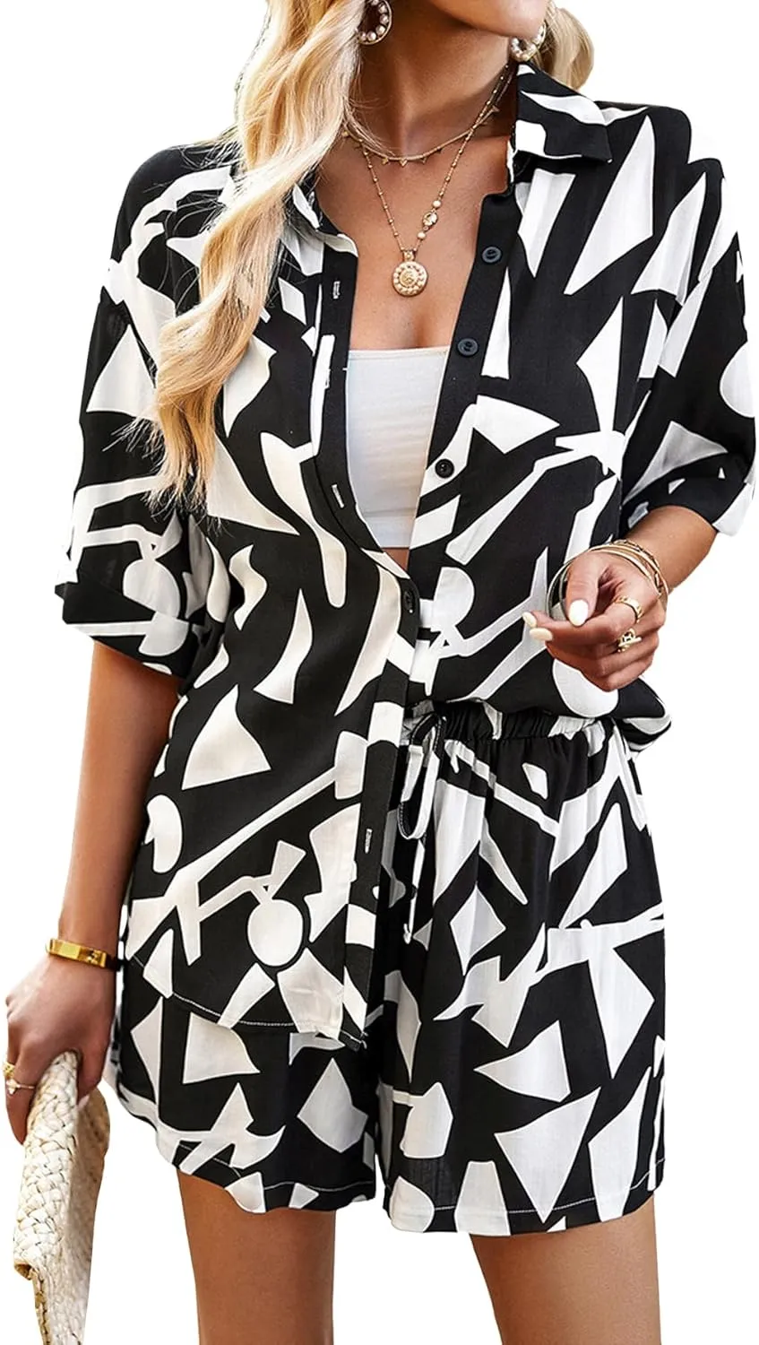 Women's 2 Piece Outfits Sets Summer Beach Button Down Short Sleeve Shirt and Shorts Set with Pockets