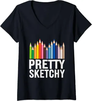 Womens Pretty Sketchy Art Creativity Sketch Artist Colorful V-Neck T-Shirt