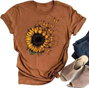 Women's Sunflower Graphic T-Shirts Boho Wildflowers Tee Tops Cute Summer Vintage Butterfly Short Sleeve Casual Holiday Tops