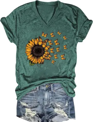 Women's T-Shirts V-Neck Boho Flowers Wildflowers Tee Cute Summer Graphic Shirts Short Sleeve T Shirt