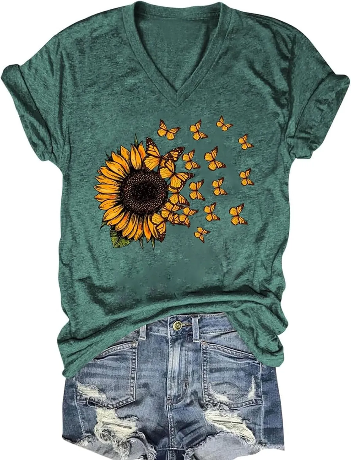 Women's T-Shirts V-Neck Boho Flowers Wildflowers Tee Cute Summer Graphic Shirts Short Sleeve T Shirt